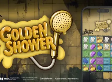 Logo “Golden Shower” avec pomme de douche dorée et écran de jeu type puzzle, ambiance humoristique et stylisée.
