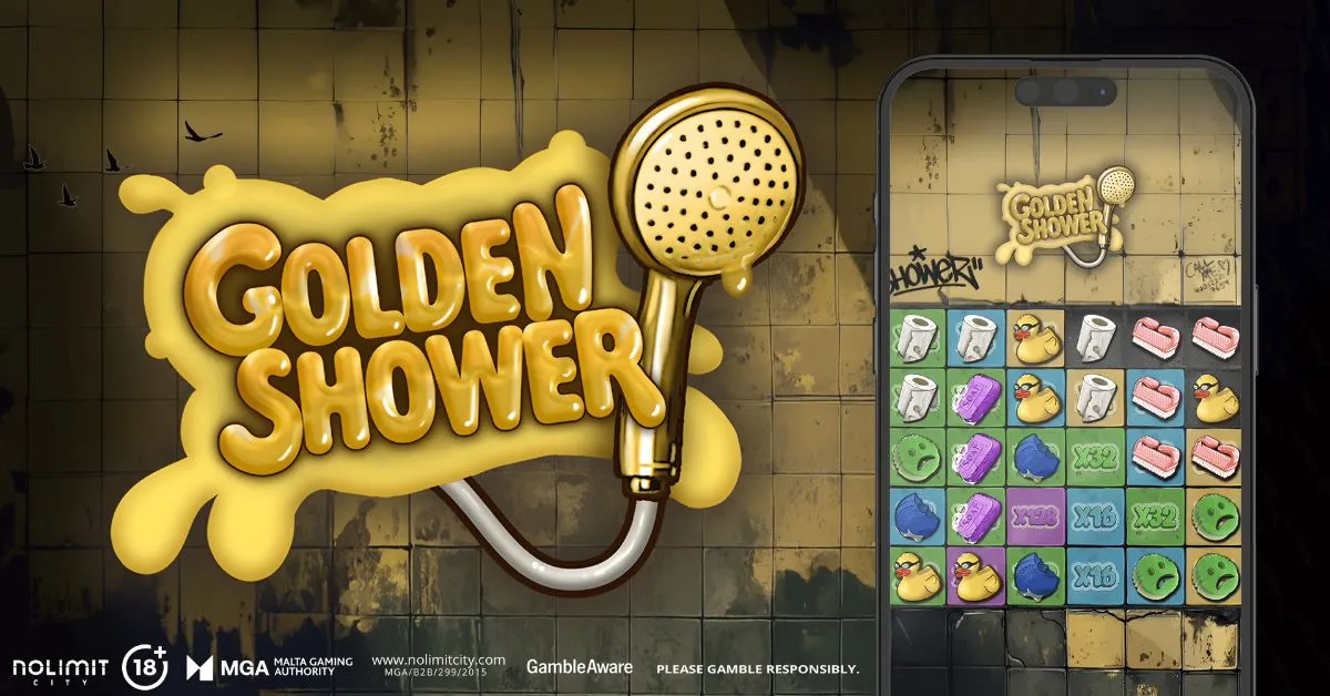Logo “Golden Shower” avec pomme de douche dorée et écran de jeu type puzzle, ambiance humoristique et stylisée.