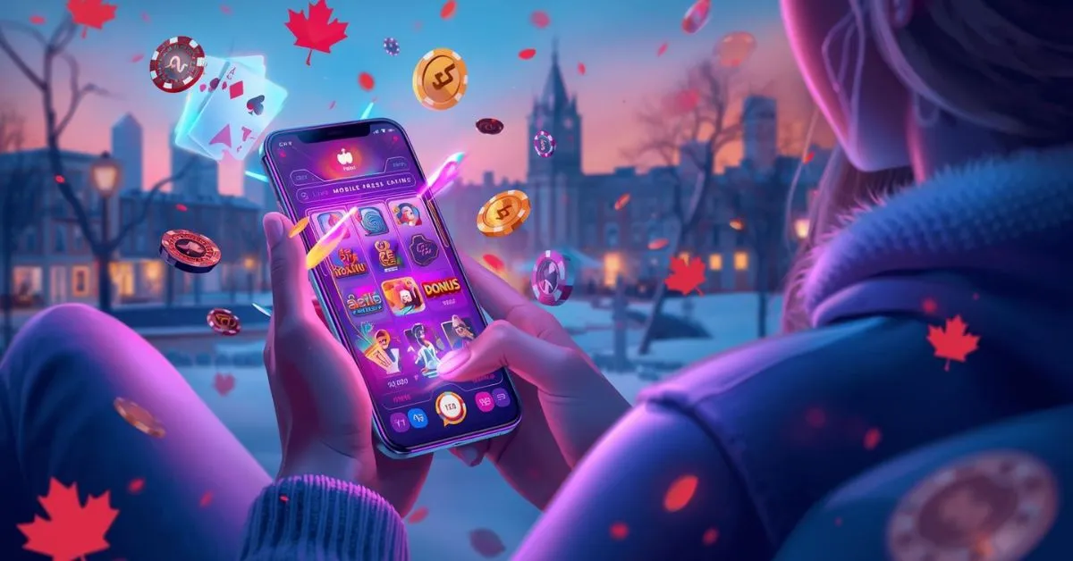 Personne utilisant un smartphone pour jouer à un casino mobile, avec pièces et feuilles d’automne flottant autour.