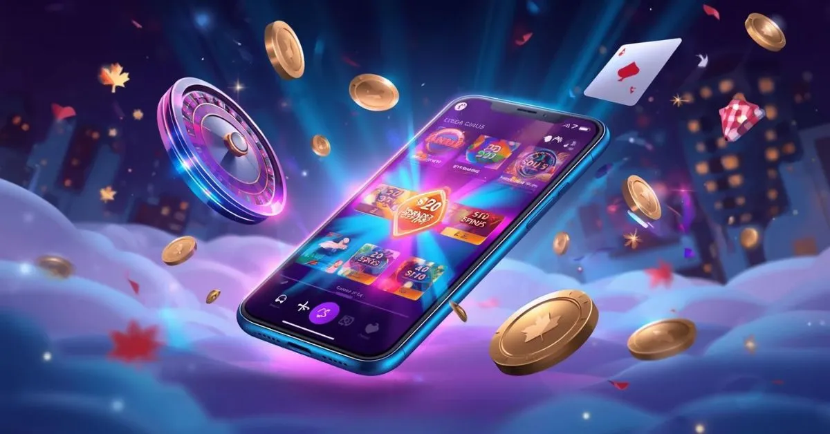 Smartphone affichant une interface de casino avec bonus et jeux, entouré de pièces en suspension dans un décor nocturne.