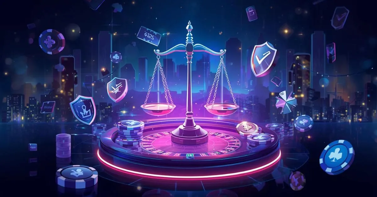 Balance de justice entourée d’icônes de casino (jetons, cartes, boucliers) sur fond de ville nocturne, illustrant la régulation des jeux en ligne.