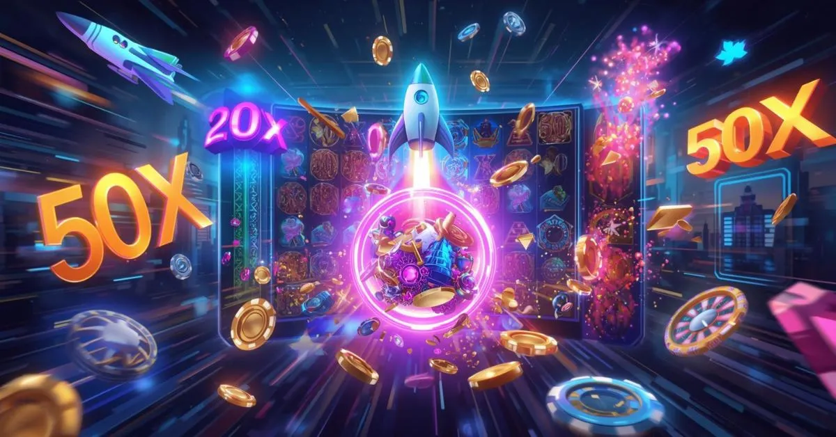Machine à sous colorée avec fusée, pièces et multiplicateurs (20x, 50x) explosant en arrière-plan, symbolisant les gains élevés.