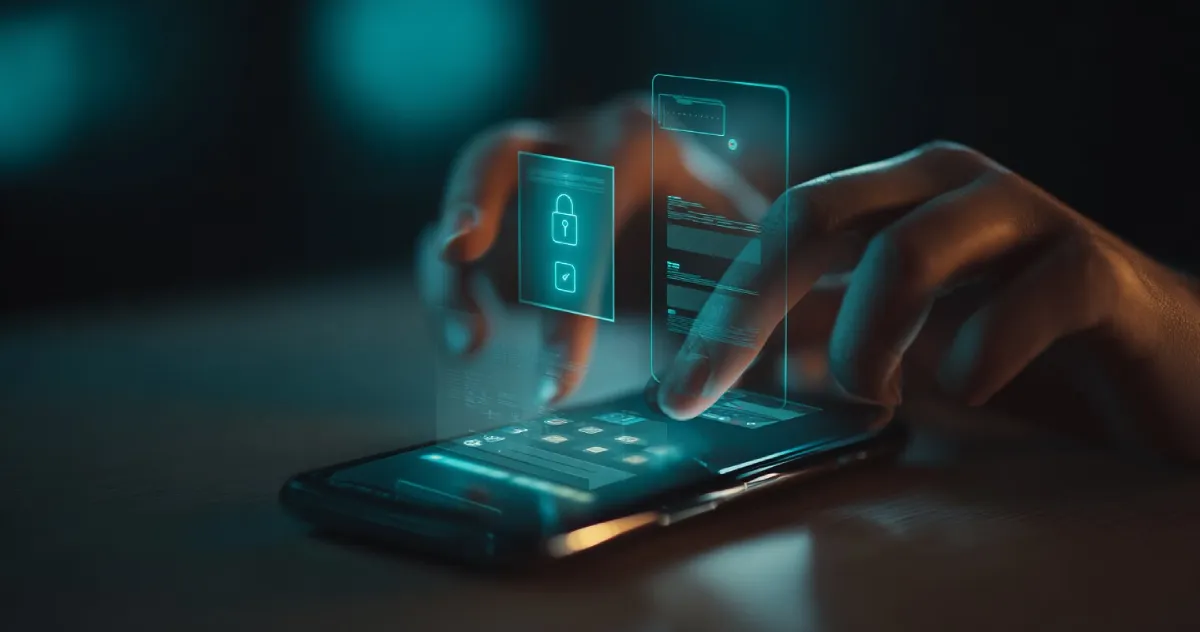Doigt utilisant une application mobile sécurisée avec des icônes de cadenas holographiques, illustrant la protection des données sur un site de paris en ligne.